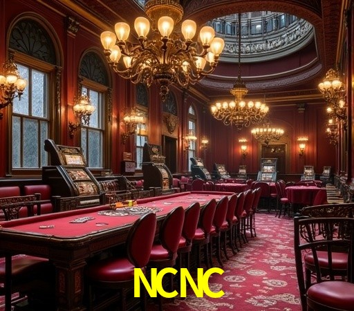 Escena dinámica inspirada en casino con iluminación NCNC, cartas, fichas e íconos de juegos digitales en un espacio moderno de juegos.